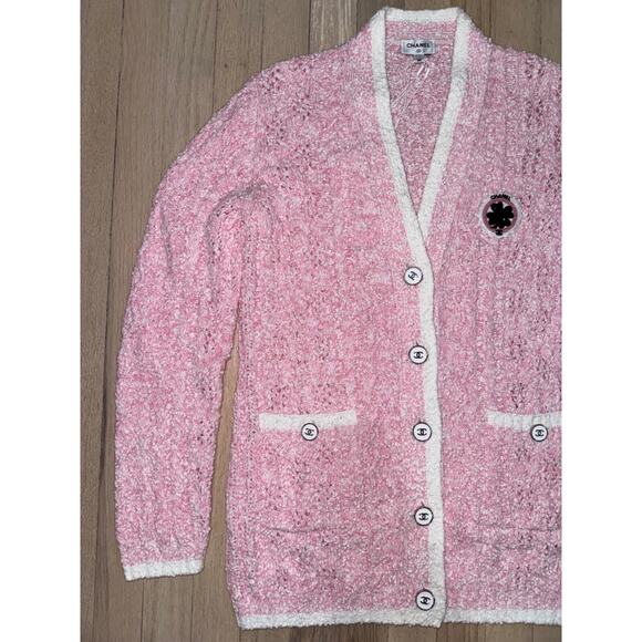 Chanel 24P Pink White Knit Boucle CC Logo Button Long Sleeve Cardigan Sweater 36 - Picture 10 of 16